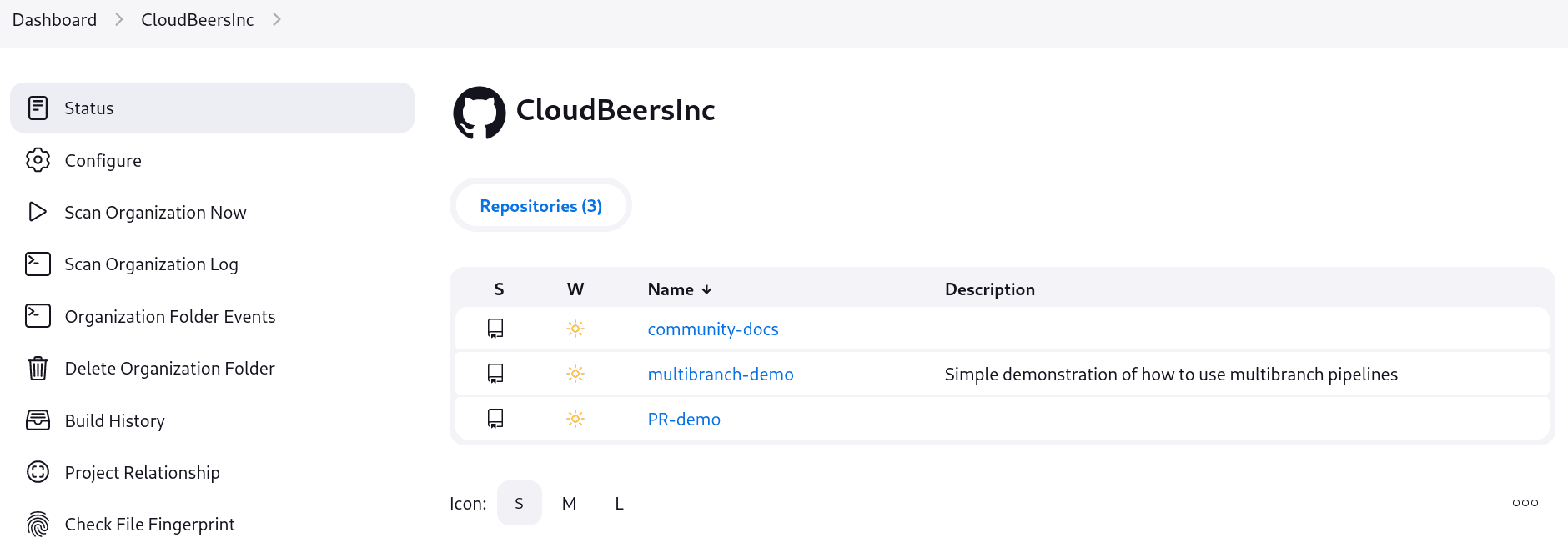 Jenkins dashboard view for the 'CloudBeersInc' organization. The status section shows the repository count as 'Repositories (3)' with a table listing three repositories: 'community-docs', 'multibranch-demo', and 'PR-demo'. Each repository entry includes columns labeled 'S' for status of last build, 'W' for weather status of recent aggregated builds, 'Name', and 'Description'. The 'multibranch-demo' repository contains a description stating, 'Simple demonstration of how to use multibranch pipelines'. Icon size options (S, M, L) are available below the table.